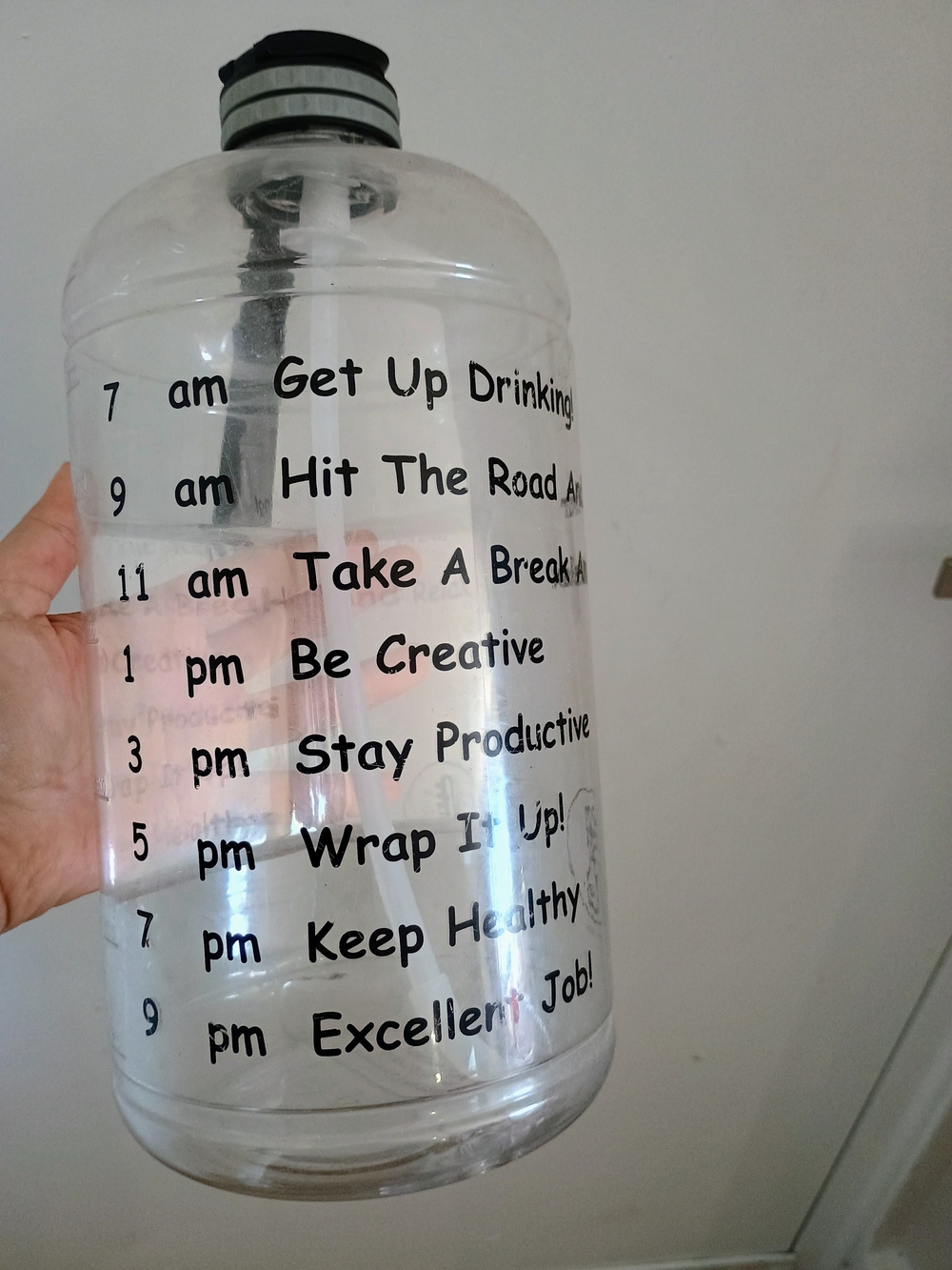 Large Clear Motivational Water Bottle with Time Markings 1 Gallon